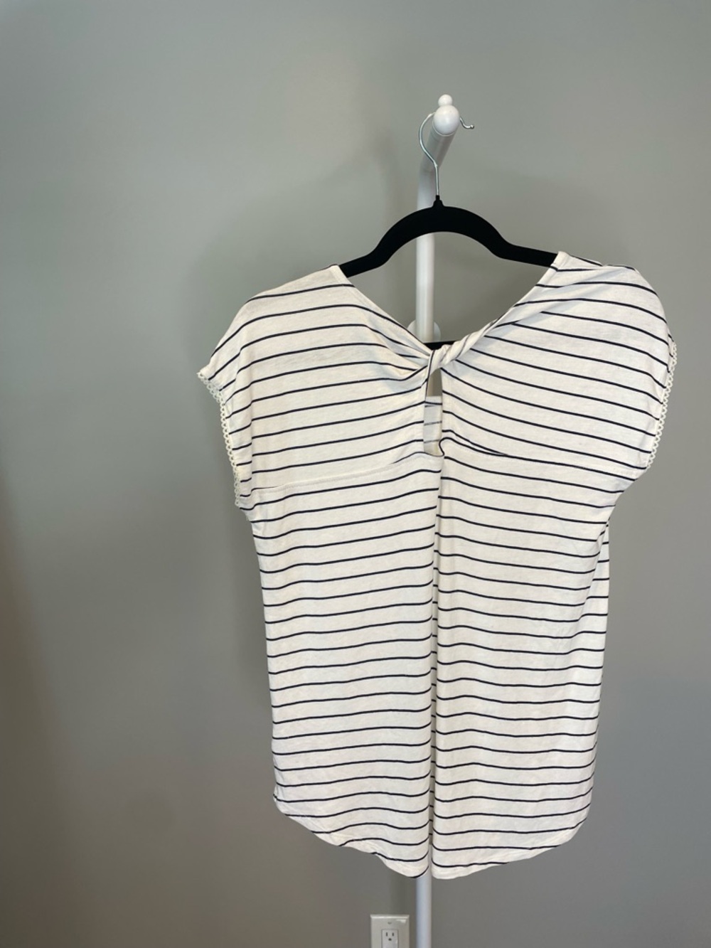 bobeau White Tee with Navy Stripes, Lace-Edge Sleeves and Twist Detail. NWOT - Picture 3 of 3